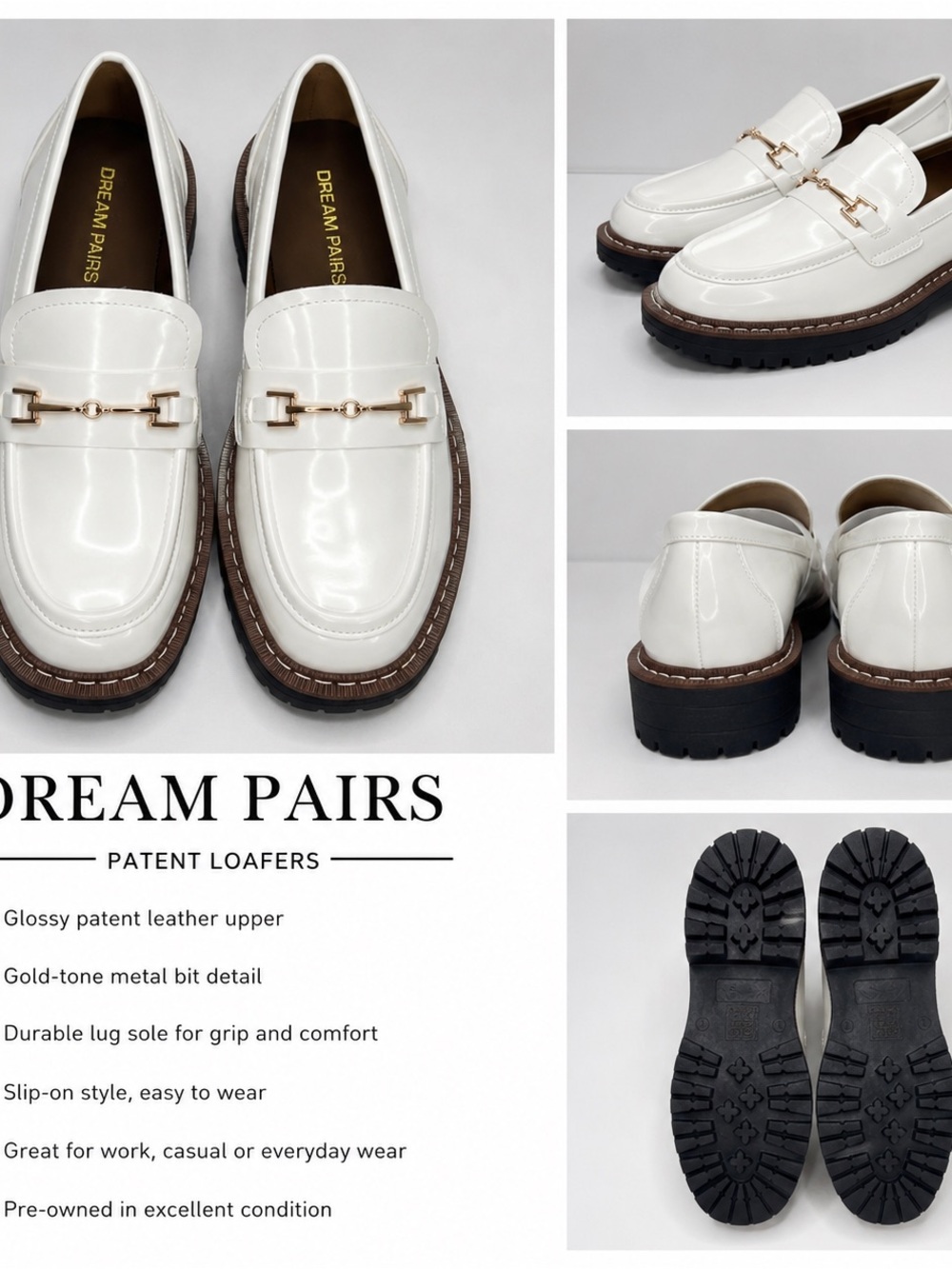 Dream Pairs White Patent Loafers with Gold Metal Bit
